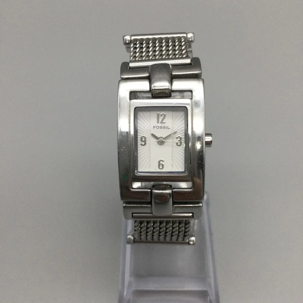 Fossil Watch Womens 21mm Silver Tone Mesh Band Stainless New Battery 6.25